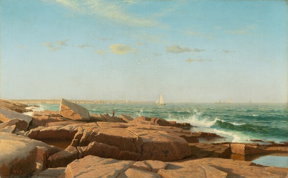 We look out across a band of broad, craggy boulders at an ocean bay dotted with boats in this horizontal landscape painting. The tops of the flat boulders are caramel brown in the sunlight and darker, rust-brown shadows down the sides. Smoke-gray fissures create web-like crevices across their surfaces. A few rocks sit atop the boulders, and a glassy pool created in a shallow near the lower right corner reflects the pale blue sky. The water beyond is a blend of aquamarine blue and bottle green with choppy waves that break and spray up white against the boulders. Two people wearing straw-colored hats are near the water on the far side of the boulders. One wears a red shirt, brown pants, and holds out a fishing rod. A basket sits near his feet nearby. Just to our left, a woman wearing a rose-pink dress sits and seems to look off into the distance. One sailboat is at the center of the composition in the distance, and several, even smaller touches of ivory-white along the horizon suggest more sailboats almost out of sight. Also hazy in the far distance, a finger of sand-brown land topped with pale, sage-green growth extends about halfway across the horizon, which comes about halfway up the composition. A few light gray clouds drift across the sky, which lightens from powder blue across the top to nearly white along the horizon. Several white birds with black wing tips fly over the water. The artist initialled and dated the lower left, “W.S.H 64.”