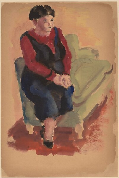 Woman Seated on the Arm of a Green Sofa