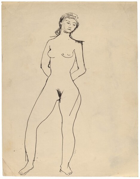 Frontal Nude, Right Leg Bent at Knee, Hands Behind