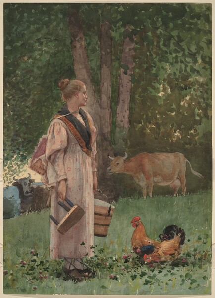 A pale-skinned young woman stands facing our right on a grassy hillside also occupied by two cows, a rooster, and a chicken in this vertical watercolor. The palette is dominated with olive, forest, and sage green with touches of mauve pink, brown, and black. The woman’s body is angled slightly toward us, but her head turns away so we see her in profile. She wears a long, pale mauve-pink dress with a charcoal-gray and rust-brown scarf draped over her shoulders. White stockings and brown shoes peek out from under the ankle-length hem. A boxy, pale pink form, perhaps a bonnet, hangs down her back from a slender ribbon around the front of her neck. Her arms rest at her sides as she holds a small wooden stool in one hand and the handle of a wooden pail in the other. Just in front of her feet, a caramel-brown chicken pecks at the ground as the rooster, with a flounce of black tail feathers, looks alertly into the distance. The cluster of trees in the near distance beyond the young woman nearly fill the rest of the scene with their leafy canopies. Two cows are under the trees, one to either side of the woman. A chocolate-brown cow with a white face lies down on the left, while a ginger-brown cow stands on the right. Sunlight peeks in through a few gaps in the leaves. A portion of a distant slate-blue mountain and patch of pale peach sky are visible over the cow’s head in the lower left. The artist signed and dated the lower left, “HOMER 1878.”