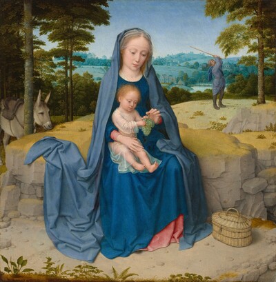 Against a deep, hilly landscape, a young woman sits facing us on a rocky ledge with a small child in her lap in this square painting. The woman and child, Mary and Jesus, both have pale skin and blond hair. Mary wears a cobalt-blue gown over a coral-pink undergarment that peeks out from under the bottom hem and at her cuffs. A paler blue mantle is draped over the back of her head and falls to cover her shoulders and body. A sheer white veil covers her hair and forehead. Jesus wears a sheer white, loose, long-sleeved tunic. Both gaze downward to the bunch of green grapes Mary holds delicately in her left hand, to our right. Jesus reaches forward with both hands to pluck some fruit as Mary supports his body with her other hand. An oval shaped, woven basket with a lid sits on the ground next to Mary’s feet. The gray, rocky outcropping on which they sit is blanketed with straw-colored moss or other growth. A small clearing behind the pair is framed by trees on either side. The trees have tall, slender trunks speckled with light gray patches and canopies of olive and celery-green leaves. To our left and beyond the outcropping, a gray donkey stands behind a tree, nibbling on some grasses at the edge of the outcropping. To our right, in the middle distance, a pale-skinned, bearded man stands and arches back with a long stick raised overhead, as if about to strike the tree in front of him. Beyond him and about two-thirds of the way up the panel, a row of dark green shrubbery separates the clearing from rolling blue hills in the distance.