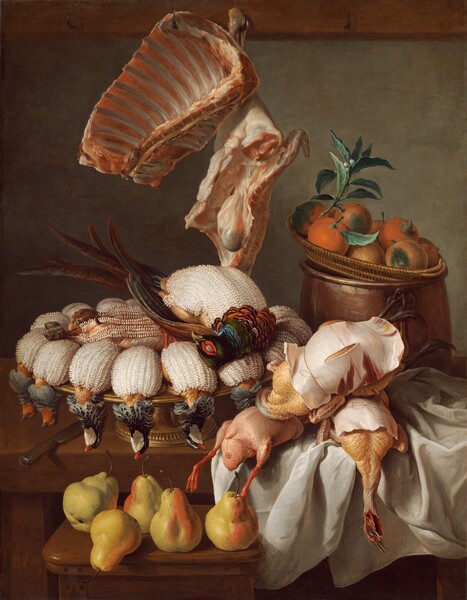 This vertical still life painting shows a grandiose display of dead pheasants, slabs of meat and ribs, and fruit, all arranged on a tabletop that seems close to us. Five golden pears sit on a wooden stool in front of the table, to the left of center. More than a dozen pheasants are arranged belly up on a gold platter with pedestal foot on the table to our left. Their plucked bodies are covered with a layer of white textured lard while the feathers on their heads and neck are left intact. Two of the three fully plucked birds stacked on a tousled white tablecloth to our right are wrapped in what looks like paper at first glance but turns out to be thin slices of meat, and tied with twine. A woven wicker basket with at least eight oranges rests on the opening of a tall copper cooking pot to our right, behind the plucked birds. A rack of ribs and slab of meat with some entrails hang from hooks in a horizontal rail that is cropped by the top edge of the painting. The palette is dominated with warm browns, ochre, and white, with touches of green, orange, and blue.