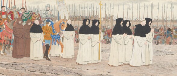 Two by two, monks wearing black and white, hooded robes lead a procession headed by an armored woman on horseback, Joan of Arc, on a rutted, sand-brown road in this horizontal painting. Most of the monks fold their hands at their waist, and the others tuck their hands into voluminous sleeves. One monk holds a tall gold cross and one a horizontal forked banner decorated with two angels. Another pair of monks in pecan-brown, hooded robes walk beside Joan’s butterscotch-brown horse. Joan wears a pale, silvery helmet and full armor, and she holds her fingertips together in prayer as she looks up. The horse has a brilliant blue saddle and collar. A young man wearing marigold orange, light blue, and black leads the horse by the bridle. More armored men on horseback behind Joan hold red, blue, or striped lances vertically by their sides. Dozens of men line the far side of the road, kneeling and holding up tall, blade-tipped halberds. Countless men on horseback line the horizon in the distance, which comes two-thirds of the way up the composition. The artist signed the painting in gray in the lower left, “M. Boutet de Monvel.” 