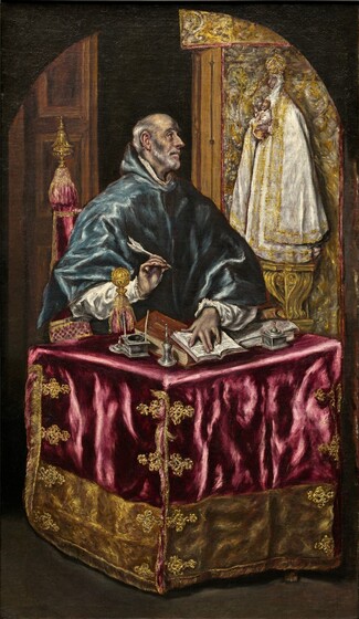 A light-skinned man wearing a voluminous, ocean-blue, hooded robe sits at a cloth-draped writing table and looks up, fingers splayed over an open book and a pen held in his other hand, in this vertical painting. The man and desk take up most of the composition, which has an arched top. The man’s shoulders and body are angled to our right, and he looks off in that direction in profile. His balding head is rimmed with white hair curving over the large ear we can see, and he has a trimmed white and gray beard and mustache. His prominent nose is pointed, and his lips are closed. Light glints off the robe he wears so it shimmers in shades of topaz, aquamarine, and midnight blue. Voluminous white sleeves emerge under the mantle and are edged with narrow lace cuffs. His left hand, to our right, rests on an open book, which is propped against one or two other tomes. Near the edge of the table, two quills stand in the corners of a lidded inkwell, and a round, silver blotter, shaped like an upside-down chalice, and a lidded silver box sit nearby. The man’s chair has a tall post next to his shoulder to our left with a teardrop-shaped, gold finial. A second post, near his wrist, is lower and topped with a gold orb. The chair is draped in the same deep, raspberry-pink of the square table at which he sits. The tablecloth is edged with a wide band of gold along the bottom, and filigree-like gold decorations line the seams or folds at the corners. Brushstrokes are visible in many areas, especially in the colorfully charged blue and pink fabric. Beyond the man, to our right, a statuette of a person wearing a long, white robe over a white dress holds a baby. The clothing is edged with gold, and she wears a sphere-like gold crown. The baby also wears white and holds up one hand. The statuette stands on a platform supported by S-shaped corbels, and could have a projecting, squared awning over the top. This area is more loosely painted so some details are difficult to make out. In the background to our left, a wooden door stands open next to a dark space just behind the man’s head, so his profile is picked out against the shadow. The floor beneath is earth brown.