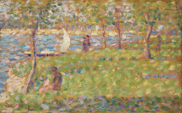 This horizontal landscape is painted with dots and dashes in fresh green, shimmering blue, amethyst purple, shell pink, pale yellow, and cream white against the brown wood of the panel, which is visible throughout. Though loosely painted, a scene with a grassy area hemmed to our left and along the back with a body of water comes into focus. A person sits near the bank to our left. Daubs in violet could be more people walking in the near distance among trees. An arc of white suggests a sailboat near the shoreline off to our left. The artist signed the painting in red in the lower left, “Seurat.”