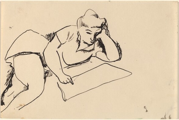 Woman Reclining on Floor, Pointing at Paper