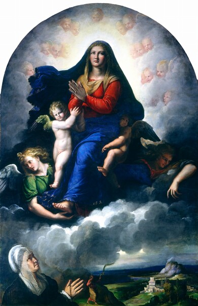 A woman, Mary, sits surrounded by winged angels on a bank of clouds above a second woman who prays in front of a vast landscape in this vertical, arched painting. The women and angels all have pale skin and rosy cheeks. Mary and the angels take up the top two-thirds of the composition. Mary’s body is angled to our left, but she turns her face to us as she looks up. She wears a flax-yellow veil under an azure-blue mantle, which drapes over her shoulders and her ruby-red dress. Her hands are together in prayer, and her body, including one bare foot, is supported by the angels. Two older angels, like young adults, are at Mary’s feet and they look down. Both have long, wavy blond hair, and they wear robes in grass green or rust red. Two nude, child-like angels are to either side of Mary’s hips. Sixteen baby heads with blond hair and wings alongside their ears are nestled in the smoky-violet clouds around Mary. This group is lit brightly from our left but also backlit by the ring of angel heads. The older woman in the lower left corner of the composition wears a translucent veil and white head covering as she looks up, her hands also in prayer and holding a rosary. Her cheeks and jowls sag, and she wears a black dress. The grassy, shadowed landscape extends into the deep distance to a cluster of buildings in the lower right corner of the painting. Beyond the woman and smaller in scale, a man wearing a yellow cloak over a red robe reaches toward or releases a green snaking shape, perhaps a strip of fabric.
