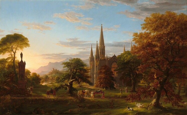 Honey-gold sunlight from low along the horizon to our left falls across the copper and bronze-colored canopies of trees that frame our view of a stone church with stained glass windows and ornate spires in this horizontal landscape painting. We look down onto the scene from a height, and from a distance. On a dirt path across the front of the picture, an armored man is carried on a red cloth-draped stretcher, which is supported over the shoulders of four men. The armored man has a black beard and hair, and his face is turned from us. The men carrying him wear togas in white, rose pink, slate blue, and mustard yellow. Three of them wear armored breastplates and helmets. A white horse draped with a gold, lattice-like blanket walks behind them. An empty saddle is strapped to its back, and the reigns rest around its neck behind the lowered head. A bit behind this grouping, to our left, another armored man holding a spear rides a brown horse, and, farther back along the path, a man holding a crooked staff and a woman stand near the base of a tall, narrow plinth. The plinth is backlit so ornate carving along the roof-like top creates a spiky silhouette. A sculpted person stands at the peak of the roof, a halo around the head. The area beyond the plinth is layered with trees and bushes extending into the distance, lit sage green by the setting sun. The path with the horses and men runs parallel to a ravine, so the grassy embankment closer to us is in deep shadow. At least two brown goats walk along in the shadows of the ravine near the white horse. Four more white goats, one with black spots, stand and lie near a tree that rises nearly the height of the painting along the right edge. The tree has rust-red leaves, and the trunk leans away from us, to our right. One massive branch has been shorn off, and the exposed wood is caramel brown against the darker, gnarled trunk. The church is beyond the path, to our right of center. Tall stained-glass windows, several stories high, are ablaze in red, orange, and topaz blue. Birds, painted with short strokes of black, flock around the church roofline. A procession led by a man wearing blue and red vestments and a tall, split cap emerges from the main, arched doorway. Another man wearing a brown robe stands near a sun dial between us and the procession coming from the church. The wide brim of that man’s hat is fastened at the front with a gold object. He lifts one hand and holds a long staff with a black knob at its center with his other. More people walk near the church, sit on a bench under a tree, and move through the landscape deep into the distance. All the people have light skin. Beyond the moss-green, grassy area around the path and church, a river winds under an arched bridge. A tan-colored building complex sits on a low hill to our left of center. Across the back of the scene, smokey purple and muted mauve-pink mountains line the horizon, which comes about halfway up the composition. The vivid yellow sun is low on the horizon to our left. A few light gray clouds skim across the sky, which deepens from pale yellow along the horizon to light blue along the top of the painting. The artist signed and dated the work on a stone near the man next to the sundial: “T. Cole 1837.” He also signed the front face of the tall pedestal to our left with the same text, though it is difficult to make out.