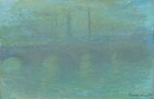 An arched bridge faintly materializes in a haze of soft turquoise blue and mint green in this horizontal landscape painting. The bridge has four arches under a flat deck, and it extends off each side of the canvas. Running across the middle of the composition, it angles slightly away from us to our right. The bridge is painted in strokes of slate blue and muted lavender purple, with darker shades on the shadowed undersides of the arches. Touches of rose pink and white along the deck suggest lights moving across the bridge. The water below is sky blue and seafoam green. A few vertical swipes of teal blue in the background suggest towers or tall buildings in the distance on the opposite shore. The sky above is painted with long strokes of lime green and robin’s egg blue. The artist signed the painting with cobalt blue in the lower right corner, “Claude Monet.”