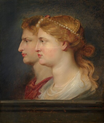 Shown from the shoulders up, a man and woman face our left in profile against a dark background in this vertical portrait painting. The woman is situated closer to us so she overlaps the man, whose profile is shifted to our left. The woman’s eye we can see is brown and she looks ahead from under a gently arched eyebrow. She has a pale skin with faintly blushed cheeks, a straight nose, and her pink lips are closed. Her reddish-gold hair is pulled back into a loose knot at the base of her head, and tendrils fall down her neck. Her hair is braided across the crown of her head, which is encircled with a string of pearls and adorned with a red jewel over her forehead. Gossamer-white fabric wraps around the base of her long neck. The man behind her and to our left has a more tan complexion. He looks ahead with brown eyes under lowered eyebrows. He has a long, bumped nose and his pink lips are closed. He has auburn-brown hair and wears a burgundy-red robe around his shoulders. The pair occupy a shallow space behind a stone ledge that runs along the bottom edge of this composition. The light that illuminates them from the front creates a halo-like effect on the midnight-blue background behind them. The number 