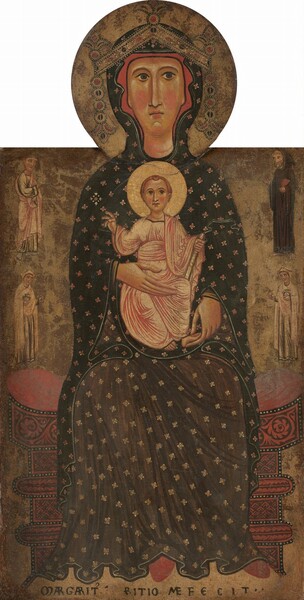 A woman wearing a long black robe sits on a wide, bench-like seat and holds a child on her lap in this vertical painting. Both have pale skin, rosy cheeks, and gold halos. The panel is shaped so that it is round around the woman’s head and halo; it then widens into a tall rectangle at her shoulders. That woman, Mary, sits with her body facing us and looks off to our right with brown, almond-shaped eyes. She has an oval face with arched brows, a long, straight nose, and her narrow pink lips are closed. Her black garment has a pattern of brick-red diamond shapes with tiny white swirls at the corners. The area between her hood and her face is red, suggesting a veil or the underside of the robe. The pointed tips of red shoes extend out from under the hem, which reaches the floor. A gold crown over her hood comes to a point above her forehead, and rows of circles dangle down each side like a stylized chain. Dark blue and red circles suggest gemstones and touches of white suggest pearls. She supports the baby’s torso with one long-fingered hand and touches a tiny foot with the other. The child, Jesus, has adult-like proportions with a small head, sloping nose, and blond hair. The hand to our left is raised with the first two fingers extended and he holds a scroll in the other hand. He wears a pale gold garment wrapped tightly around his body. Distinct, rose-pink lines suggest folds. The two people’s features and clothing are outlined in black or darker shades. The bench on which they sit is nearly as wide as the panel and seems to curve up a bit to each side. It is scarlet red with designs in black to make scrolls, nested triangles, or stylized leaves. Four people, half the height of Jesus, float against the faded gold background, two to each side. All four have pale, peachy skin and wear long robes in cream white, pale pink, blue, or brown. The bottom two, near Mary’s elbows, wear gold crowns and hold jugs. The man at the top left, near Mary’s shoulder, is bareheaded and gestures toward the center. In the upper right, a bearded man with his gray hair cut into ring around his head holds a red book in one elbow and holds up his other hand, palm facing us. The background seems a little scuffed and some of the gold has worn away. An inscription along the bottom reads, “MARGARIT RITIO ME FECIT.”