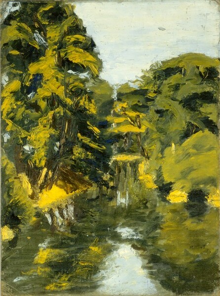 We look across a river reflecting moss-green and lemon-yellow trees beneath an ice-blue sky in this loosely painted vertical landscape. The water spans the bottom third of the composition, and the riverbanks come together in a wide, upside-down V where it meets the tall trees. To our left, that tree and the reflection of it fills nearly the left half of the picture, and it extends off the top and left edges. Lower trees to the right come about three-quarters of the way up the painting. The top right corner is filled with blended strokes of ivory white and pale blue for the sky.