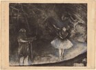 We seem to look down onto a shadowy stage with a ballerina and a dance instructor in this black and white work on paper. The man stands in the lower left corner of the composition wearing a knee-length jacket and resting his wrists on a tall stick in front of his body. Though his face and head are lost in deep shadow, it seems that he looks towards the ballerina to our right. Up on her toes en pointe, her body faces us but her arms are raised and angled towards the upper left corner of the composition. She turns her upper torso and head to gaze in the direction of her hands. Lighting comes from the front edge of the curving stage and illuminates the man’s pants and undersides of his arms, the dancer’s legs, tutu, and face, and the front part of the stage. The space behind the people is lost in shadow but is marked by brushstrokes and smudges. In the upper left corner the names of the artists are scratched onto the ink that had coated the surface of the printing plate: “Lepic” and “Degas.” 