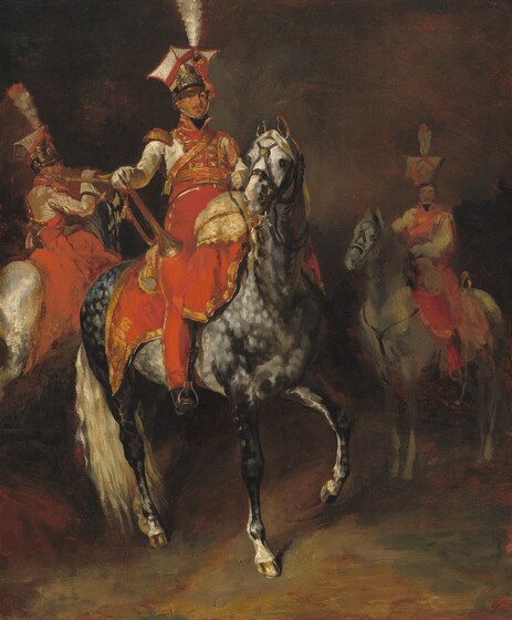 Three men on horseback wearing elaborate military uniforms in cream white, crimson red, and gold almost fill this vertical painting. Lit dramatically from the upper left, the men all have peachy, tanned skin. Their red and white uniforms are trimmed liberally with gold. Each man wears a red sash across his chest, cream-white gloves that reach back to mid-forearm, and a tall hat topped with a single, stiff, white feather. At the center of the composition, the man closest to us rides a horse dappled with silver, steel gray, and black, which raises a front hoof as if in mid-stride. The horse and rider’s bodies are angled to our right, but the horse looks back to our left as the man looks directly at us with small brown eyes. His slender nose slopes to a brown handlebar moustache that curves over his pale peach mouth. He leans slightly back in the saddle, which is draped with a scarlet-red blanket with gold trim. The leg we see, to our left, is extended straight in the stirrup, and the man braces a brass trumpet adorned with gold tassels against that thigh. His helmet has a high, square, white crown that comes to points to each side and in front. The boxy shape is outlined in red and has the stiff, bushy feather at the top front and a red tassel hanging along one side. An arched brass plaque with a capital N is affixed to the front of the helmet over a narrow brim. Though held in place with a chin strap, the helmet is slightly askew. To our left and behind the central man, a white horse and rider face away from us. This rider’s upper body is turned back slightly to our right so we see him in profile as he holds a brass horn to his lips. To our right and set father back, the third rider and his gray horse are very loosely painted so features of his face and costume are not clear. All three stand on a ground painted with swipes of caramel brown, mustard yellow, and pine green. The background is slightly darker, in smoky tones of brown, gray, and black with flicks of red. A dark mass, perhaps a deep shadow, rises to the right, behind the third horseman.