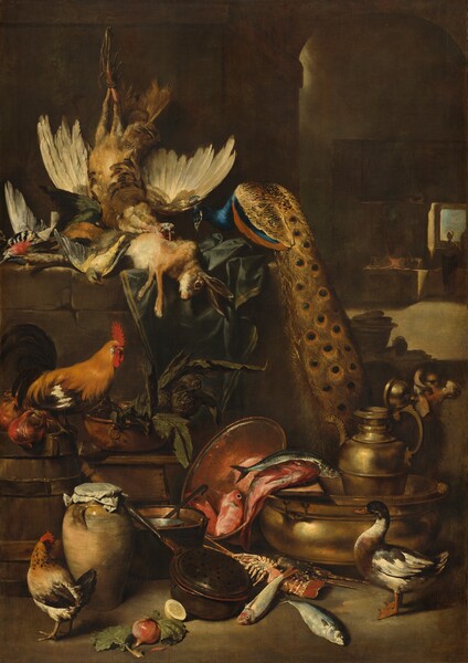 Golden light from the upper left illuminates an assortment of vegetables, fish, and live and dead animals arranged among kitchen pots, pans, and bowls in this vertical still life painting. The animals and objects are displayed on three levels, each of which takes up about a third of the composition. Starting at the top: the body of a light brown hare lies over the front edge of a stone ledge, which is draped with a rumpled forest-green, gold-edged cloth. A large golden-brown fowl hangs upside down, its feet tied and the string looped over a nail on the dark brown wall behind the still life. The fowl’s cream-white wings are outstretched, and its head rests along the hare’s body. Five birds with feathers of golden yellow, white, black, and apple red lie in a pile to the left of the hare. A live peacock stands on the green cloth to the right, looking down at the other animals. Its long, caramel-brown tail is closed and is dotted with eyes that look like shiny black buttons. The next level down is made up of a short barrel next to a small wooden stool or table. A butterscotch-brown rooster is perched on the barrel among red onions. A copper bowl overflowing with dark green artichokes and leafy greens sits on the stool to our right. The bottom zone has objects and animals across the ginger-brown floor. To our left, a chicken or rooster stands facing away from us as it looks to our right toward a tall, sealed jug and two dark brown pots. Just behind the pots a gleaming copper bowl is propped up at an angle so we see coral-pink fish inside. The bowl leans against a lustrous brass basin and jug with a duck standing in front of it. A radish, lemon, a couple more fish, and two lobsters lie on the floor or are tucked between the pans and bowls. The space opens onto another dimly lit room beyond the still life, in the upper right corner of the painting. In that room, a woman wearing a long skirt and a white cap is backlit against a rectangular window opening filled with pale blue sky. A spark of orange to our left could be a fire on a raised hearth or stove.