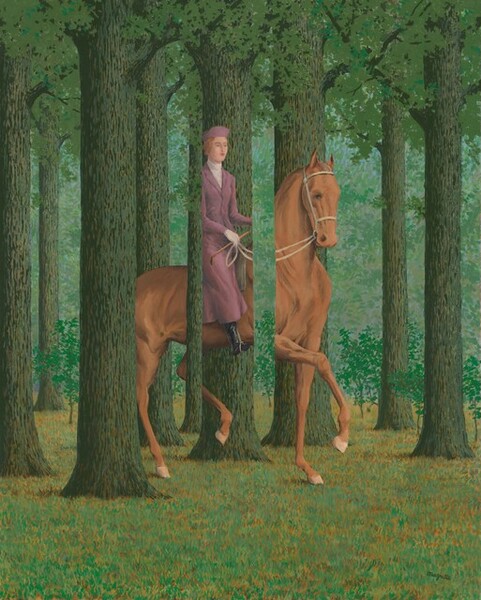 A woman wearing a mauve-pink dress rides a horse through a wooded landscape with tall, thin, pole-like trees in this vertical painting. However, the bodies of the horse and rider are shown in front of some of the trees and disappear behind others, confusing the eye. The woman has pale skin and wears a brimless cap the same color as her dress over blond hair. She rides erect, holding the reins to the reddish bay-brown horse, which walks with the back left and front right hooves raised. The tree trunks are painted with sage and forest-green vertical dashes against moss green. The leafy canopies are painted with dabs of grass green. The forest in the background is indicated with short strokes of spring, sage, and mint green. The grass below is created with dashes of emerald green and coffee brown against a golden-tan background. Because of the way the horse and rider are unpredictably covered by trees, our eye constantly shifts back and forth, trying to figure out if the rider is close to us or set farther back in the forest.