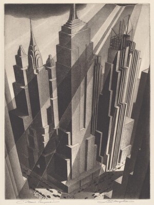 Printed with bands and blocks in shades of gray against cream-white paper, we look across and down onto a city block crowded with at least five skyscrapers in this vertical, stylized etching and aquatint. The bases of the buildings crowd densely within the city block, and they flare slightly outward as they extend up toward us. The faces of the building are flat, solid, and smooth, with no windows. The buildings nearly fill the composition but dark clouds peek in along the top edge of the print. Rays of sunshine and shadows are shown as alternating bands of light and dark falling diagonally across the building facades from the upper right. Black cars fill the streets running along the two sides of the city block we can see, and tiny dots suggest people walking on sidewalks far below. The print’s title is written in pencil in the lower left, “Man’s Canyons,” and signed by the artist in the lower right, “S. L. Margolies.”