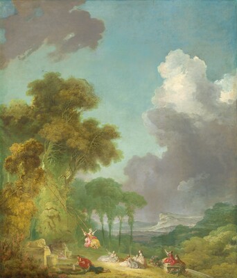 From a distance, we look down onto and across a lush park filled with elegantly dressed, light-skinned adults and children gathered in small groups as one woman swings from tall trees in this vertical painting. The color palette is dominated by celery and avocado green and soft straw yellow. An aquamarine-blue sky with towering white and ash-gray clouds fills the upper three-quarters of this painting. On our left, soaring trees reach two-thirds of the way up the composition. Two walls mark an entrance to the garden in the lower left. Stone fountains carved into the shape of lions sit on top of the walls with streams of water pouring from their mouths to urns below. People gather next to the entrance and further down a slope to our right. They relax together in pairs except for one group, which has two women and two children. The women’s long dresses have ruffled sleeves that come to their elbows, and the men wear long jackets and knee-length britches over stockings. A woman wearing a butter-yellow and rose-pink ball gown sits on a swing with ropes tied back into the trees to our left. She swings out diagonally high above the other people. Below the woman, some of the people watch and point to her as she swings. To our right, a woman in a crimson-red and yellow gown sits on a boxy, stone structure and looks through a telescope while a man leaning onto the box, wearing a brown coat, looks on. A woman in a strawberry-red dress and a man in a teal-blue jacket play with a small white dog at the edge of the pool in front of the entrance while another woman and man sit and stand between the entrance walls. In the distance to our right, trees and shrubs grow in front of pewter-gray hills under the lavender-purple horizon.