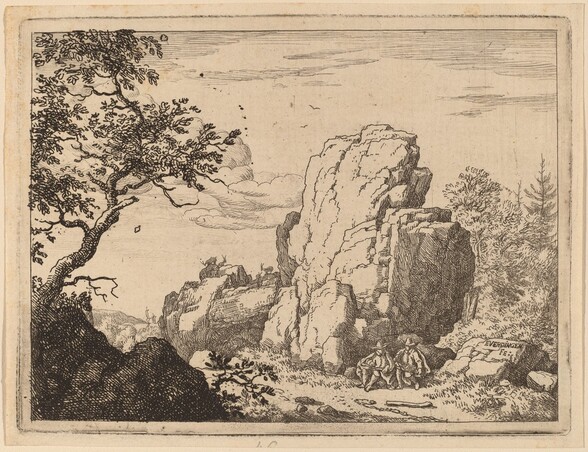 Two Men Seated at the Foot of a High Rock