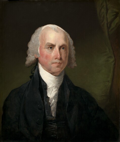 Shown from the chest up, a cleanshaven man with pale, rosy skin and curled white hair looks off to our right against a dark, olive-green curtain in the background of this vertical portrait painting. His shoulders are angled slightly to our right, and he looks into the distance with blue eyes. His right brow, to our left, is arched, and his eyes are deeply set. His flushed cheeks and jowls sag a bit around his closed mouth, and there are lines under his eyes. His white gray hair seems to be pulled back from his forehead and swells in bushy curls over his ears. Part of a black ribbon seen beyond his shoulder may tie his hair back. He wears a bright white, high-necked, ruffled shirt under a black jacket. Light illuminates the man and the green curtain from our left.