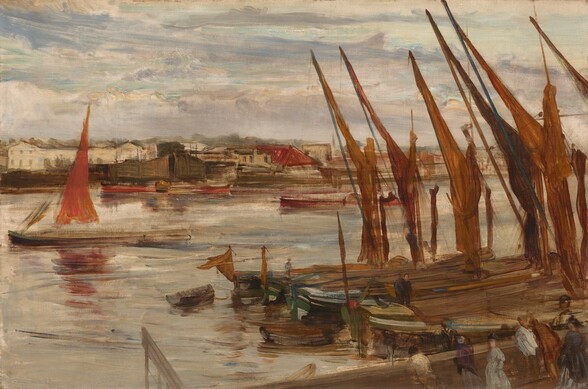 We look slightly down onto and across a wide, boat-filled river under a cloudy sky at the far bank, which is lined with buildings, in this loosely painted, horizontal landscape. Four long, wooden boats are pulled up side-by-side to our right, so most of their prows are cropped by the right edge of the composition. Their amber-brown sails are tied up to the vertical masts and angled spars, which create a row of diagonal lines jutting into the painting from the right edge. The boats’ sterns are painted moss green, and the boat farthest from us has what could be a small dingy tethered off the back end. Several ghostly men and women stand below us, in the lower right corner, on a pecan-brown walkway low to the water. We can see through the people so the details are indistinct, but they all seem to look away from us except one person who looks our way, indicated with a touch of peach for a face. They wear long gowns and jackets or baggy shirts and trousers in tones of plum purple, caramel brown, light blue, or charcoal gray. In the middle of the river, a long, thin boat with a narrow, scarlet-red sail has drifted past them toward the left side of the composition. Two long strokes of cranberry red suggest more vessels on the water closer to the opposite shore. Low buildings painted in fawn and coffee brown, cherry red, cream, and tan line the far bank. The buildings become indistinct and fainter as they angle away from us into the distance. Bands of off-white clouds, some frothy and some wispy, fill the upper half of the painting. The sky is otherwise washed with violet purple, slate gray, and aquamarine blue. The river’s surface is smeared with the reflections of the sky, buildings, and boats.