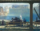 From under an elevated train track, we look at a cluster of people hammering and working on the far side of a wooden fence, all against a silvery-blue building that fills most of the background in this horizontal painting. The scene is loosely painted mostly in tones of hazy and saturated blues, so many of the details are indistinct. About a quarter of the way in from the right edge of the composition, a thin iron column holds up the train platform. The column nearly spans the height of the painting, and the track it supports runs across the top edge of the canvas. At the foot of the column, along the bottom edge, are two parallel tracks embedded in an area otherwise painted with short, diagonal strokes in topaz blue, olive green, and straw yellow. Just beyond the tracks, the split-rail wooden fence runs across most of the painting, though there is an opening at the left edge of the canvas. A man sits with his back to us on the railing to our right of center. He wears a dark cap, a lapis-blue shirt, and navy-blue pants. Several men work on or near a mound-shaped form, perhaps a piece of machinery, just beyond the fence, near the center of the painting. One man holds a hammer high overhead while another reaches down or strikes the mound with his feet planted wide. More people work together to our left, and a man to our right stands near a crane. The people and these areas are painted with broad strokes and touches of cobalt blue, charcoal gray, khaki brown, and a few swipes of shell pink and bright white. A puff of white smoke billows up behind the central group, before the land drops precipitously away. The chasm is painted with shimmering tones of aquamarine and cerulean blue. A sky-blue, rectangular building perches at the far edge. A few windows are outlined in royal blue to our left but the rest of the building is loosely painted with long, vertical strokes so no architectural details can be made out. Behind this structure are more city buildings, suggested with strokes of muted rust red, parchment and bright white, and cobalt blue. The ice-blue sky fills the band between the top of the buildings and the train track running overhead. The artist signed his name near the lower left corner, “BELLOWS.”