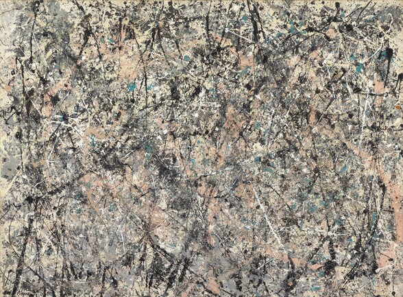 Densely spaced lines and splatters in black, white, pale salmon pink, teal, and steel gray crisscross a rectangular cream-colored canvas in this abstract horizontal painting. The lines move in every direction. Most are straight but some curve slightly. The density eases a bit near the edges. Two sets of ghostly white handprints are visible at the upper corners. The artist signed and dated the painting in black paint in the lower left corner: “Jackson Pollock ’50.”