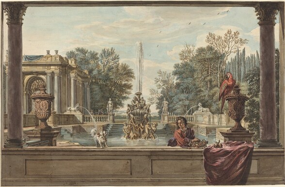 An Italianate Garden with a Parrot, a Poodle, and a Man