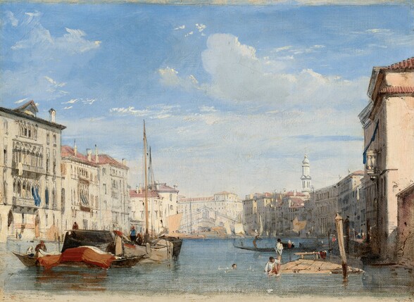 We look across a sun-drenched canal lined with boats and cream-white buildings under a vivid blue sky in this horizontal landscape painting. A broad, blue swath of water stretches across the lower third of the picture. White, balconied buildings with terracotta-red tiled roofs face the canal on both sides. Closest to us, to our left, a shallow skiff holds a man in a red cap who holds a large rust-red and white sail stretched out along his boat. Behind him is a cluster of other boats, one with a tall, bare mast and two red-capped sailors. On our right, a partially submerged wooden platform provides a resting spot for three swimmers. Beyond them, the blue canal extends toward a hazy distance, where a white tower points up into white clouds. The canal presumably curves around a corner, because our view is enclosed in the distance by a band of buildings and a bridge, which are loosely painted. A bright blue sky, dotted with wispy white clouds, stretches across the top two-thirds of the scene.