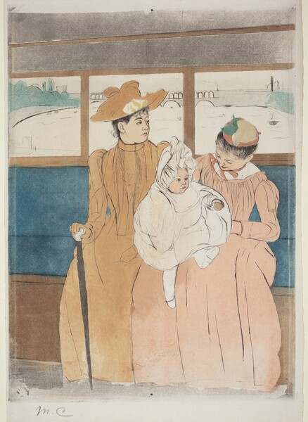 Two women, one holding a baby on her lap, sit on the long bench seat of an omnibus in this vertical, colored print. The women and their full skirts take up almost the width of the composition against the peacock-blue bench, which extends off both sides. The women and baby’s skin are the color of the cream-white paper. The woman to our left wears a tan-colored, high-collared dress, gloves, and hat. She looks off to our right, almost in profile. She has a round face and the hint of a double chin. One gloved hand rests on a cane. The other woman holds the baby and tips her head down toward the child. That second woman wears a tea rose-pink dress and a hat with areas of darker pink, fern green, and straw yellow. Both women’s black hair is pulled up under their hats. The baby’s ruffled white bonnet, blousy garment, stockings, and shoes are also the white of the paper, though the hair is picked out with yellow, the lips with pink, and the ball held in one hand with brown. The structure of the women’s bodices, puffy long sleeves, and long skirts as well as the baby’s clothing are outlined in black. A row of windows behind them, parallel to the top of the bench, open onto an arched bridge spanning a river with boats. To our left, the water’s edge is lined with spruce green trees. Back inside, the panel behind the women’s legs is peanut brown, and the top of the omnibus is muted mauve purple. The artist signed the work with her initials in graphite in the bottom left, “MC.”