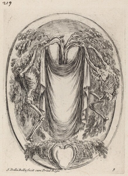 Cartouche in the Form of a Drape Suspended from a Cypress Flanked by Skeletons