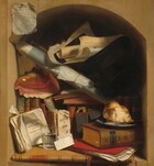 A crusty piece of bread, a short glass of water, a black top hat, a pink conch shell, more than a dozen books, and papers are crammed into an arched alcove in this nearly square still life painting. Lining the bottom edge of the alcove, the long, thin spine of a brown book is printed with the title, “CHOICE CRITICISM ON THE EXHIBITIONS AT PHILADELPHIA” in gold against a red background. To our right, a red portfolio holds a sheaf of loose papers under a thick book titled “LIVES OF THE PAINTERS.” A crusty hunk of bread and a black-handled knife sit on a ceramic plate on the thick book. To our left, two calling cards with handwritten notes lean on the short glass of water. Both are addressed to “Palette” and one is an invitation to visit after tea and other asks about a debt of five dollars. The glass holds open the pages of a book propped against the niche, and the title page reads, “ADVANTAGES OF POVERTY THIRD PART.” The title of a second book behind the glass, missing its cover, reads, “PLEASURES OF HOPE,” though the page is ripped through the word “hope.” The light green, brown, or red spines of a row of books behind this, along the back of the niche, are titled, from left to right: “CHEYENE ON VEGETABLE DIET,” then “MISERIES OF LIFE” to our left, and “BURTONS ANATOMY OF MELANCOL” and “SIGNS OF THE TIMES” near the center. One of the two spines in shadow to our right reads “CALAMITIES OF AUTHOR.” A protractor tucked into a small notebook with a gray cover and red edges leans on the books near the center. More books are piled on top. Three of those spines are written in cursive handwriting with “Unpaid Bills,” “We Fly by Night,” and “No Son No Supper.” The conch shell sits along the edges of the standing books below to our left, with its gleaming rosy pink and golden tan interior facing us. A tightly rolled sheaf of papers wrapped with a sky-blue sheet rests diagonally from the upper left corner of the niche down behind the bread. What looks like a newspaper clipping is tied at the center with the headline “Just Published.” A tattered black top hat is wedged between the tightly rolled paper and loose, curling papers stacked above. One of the loose sheets is titled “LAUGHING PHILOSOPHER” and handwriting on another reads, “Perspective view of the County Gaot of Philadelphia.” Another newspaper clipping is affixed to the upper left face of the beige-colored stone niche. It has the headline, “SHERIFF’S SALE THE PROPERTY OF THE ARTIST,” and continues, “Consisting of One Cradle, One Blanket, Two pair of Ruffles, Petticoat, Silk Stockings, and Peck of Potatoes. Four Pictures, of Roast Pigs, Turkies Decanters of Wine and Plumb Cake Painted from Recollection. Fall of the Giants, and View of Paradise, sixteen feet by twenty. Comforts of Matrimony, odd volume. Short Cut to Wealth. Sermon on The Vanity of Human Pursuits. Philadelphia Jan 1st 1812.”