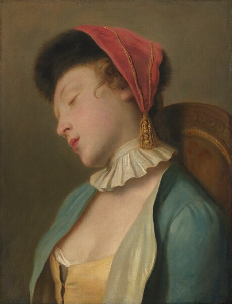 Shown from the chest up, a young woman with smooth, pale skin sleeps with her head tipped away from us in this vertical painting. Her face leans to our left so we see her delicate features in profile. She has faint brows, and her pink lips are parted. The tip of her nose and cheeks are also lightly flushed. Her brown curls are topped with a black fur cap, which is draped with a triangular, muted red cloth. The cloth comes to a point with a gold tassel, which hangs alongside her neck. A flaring, pleated, white collar encircles her neck, seeming unconnected to her other garments. Her topaz-blue bodice is open to show a butter-yellow corset beneath. The jacket is lined with cool, shimmering green. Her head tips alongside the arched, wooden back of her chair, which is upholstered with caramel brown edged with gold. The background is washed with tones of olive and dark green. The painting is created with blended strokes, giving it a soft, almost blurry appearance.