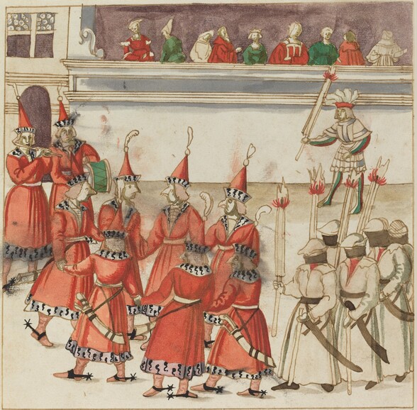 Seven Men in Red Gathered in a Circle