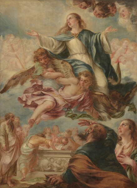 A young woman wearing a white robe and teal-blue cape is held aloft on the shoulders of three floating angels, surrounded by clouds crowded with cherubs above a group of people looking up from below in this vertical painting. All the people have light skin. The woman, Mary, lifts her arms, palms open. Her pink lips are parted, and her brown eyes look up toward light shining through a patch of blue sky from the top left corner of the painting. Her white robe has voluminous, long sleeves and is belted and tied with a strip of cloth. A gold clasp secures her cape, which is rimmed at the neck with gold. Her long, blond hair and her cape swirl around her. Above her, in the top right corner, four winged faces with round, chubby cheeks and tousled hair look around the scene. Other winged angels are faintly outlined in a coral-pink cluster in the white clouds beyond the woman. One of these angels strums the strings of a harp. The sky around them swirls with patches of hazy of sapphire and celestial blue mixed with wispy, white clouds. Three winged angels support Mary’s legs with their arms intertwined. The angels have chin-length, wavy blond hair and they wear robes in rose pink, mint, or moss green. Their hair and drapery flutters as if in a breeze as they look down onto the crowd of people below. In the lower right corner and closest to us, a balding man with a gray beard and hair is shown from about the waist up, facing away from us. He wears a dark blue robe with mustard-brown fabric draped over his left elbow and across his back. He looks up at Mary with his right hand raised to shield his eyes. He reaches down with his left hand to touch a book on a brown rock beside him. A slip of paper under the book reads, “BALDSLEA,” with the “BAL” intertwined as a monogram. Just beyond him to our right, a young woman with long, curly brown hair clutches her breast as she stares up. Beyond this pair, a group of people robed in muted pastel yellow, green, blue, or pink, gather around a white stone box, a tomb. On the side of the tomb facing us, a sculpted frieze shows a child-like cherub among stylized waves and swirls. To our left, two bearded men stand looking at the people leaning over and gathered near the tomb. The man closer to us gestures with his left hand and holds a large book or tablet tucked along his right side. The head of a third man, white-bearded and stooped, appears behind them. The scene is loosely painted so some details are indistinct, especially in the group gathered around the tomb and the onlookers below.