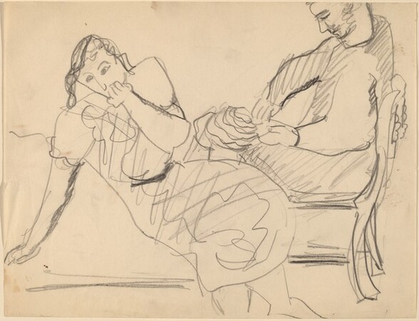 Seated Woman Leaning to Left, Man in Chair behind Her