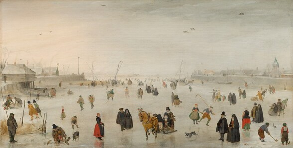 We look slightly down onto a panorama with dozens of light-skinned men, women, and children skating and standing on a frozen river in this horizontal landscape painting. Most of the men wear black hats and suits, some with white collars and hip-length capes. The women all wear ankle- or floor-length skirts and some are covered with black cloaks that drape over their heads to their feet. Many people wear black but some of the clothing is scarlet, sage-green, denim-blue, beige, or slate gray. The touches of black and other colors alleviate a scene painted almost entirely with cool whites and silvery light grays. A few people draw the eye, like the man standing with his back to us, wearing dark gray and holding a tall pole in the lower left corner. To the right, a man kneels to retie a skate with a brown and black dog nearby. A woman wearing a crimson skirt and a couple clad entirely in fur-lined black clothing look towards a man and woman riding a horse-drawn sled on the ice, at the lower center of the painting. Another black-draped form in the sleigh could be a second woman wearing a cloak. A pair of boys play a game like hockey in the lower right corner. People gather and skate in pairs and small groups or ride in sledges into the deep distance. The buildings and boats lining the horizon, which comes about halfway up the composition, are painted in shimmering grays. The sky above is the same cool white as the ice below. A few birds fly across the scene.