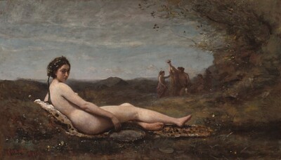 A nude, young woman with smooth, pale skin reclines against a grassy mound in a sunny field in this long, horizontal landscape painting. The scene is painted with blended strokes, giving it a soft look. The woman is close to us near the lower center of the painting. With her head to our left, she leans against the low mound supporting her back. Her body is angled mostly away from us, but she turns to look back at us over her shoulder. Her right arm is draped casually over her right hip. The fingers of that hand brush the rim of an iron-gray dish on the ground beside her. Her left foot is tucked under her extended right leg. She has large brown eyes under thick brows, a slender nose, and red lips set in her round face. Her dark brown hair is swept up and gathered at the back of her head. A leafy wreath or headdress is suggested by daubs of sage and avocado green, and a long stroke of brown paint could be a ribbon hanging down her back. She lies on a caramel-brown cloth or pelt dotted with black and streaked with white at the edges. The olive-green field around her is smoothly painted and speckled with dots of white, gold, and light blue, suggesting small flowers. Four shadowy figures cluster in the distance on the right side. Two hold up a gleaming object, perhaps a cup or jug. The scene is framed along the right edge of the painting by a delicate, leafy tree curving up and over from a rocky outcropping. The landscape extends far into the distance where it meets a line of low hills at the horizon, which comes halfway up the canvas. The pale blue sky above is filled with long bands of smoke-gray and white clouds. The artist signed and dated the work with orange letters in the lower left, “Corot 1860.”