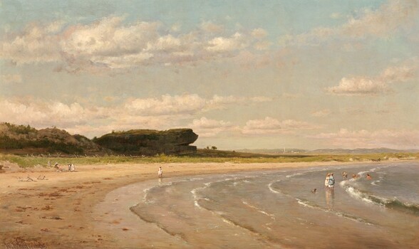 We look slightly down onto a bay that curves away from us into the distance and to our right in this horizontal landscape painting. C-shaped, shallow waves lap at the sandy beach from our right. Several people standing and playing in the water wear hats and long-sleeved shirts. Two women there hold up their skirts as they wade in the ankle-deep water, a small brown dog close behind them. Another person wearing white walks on the wet sand, and four more gather a short distance away, to our left, perhaps on a blanket. Opposite us and far away, brown horses pull a carriage along the beach. The taupe-colored sand is hemmed in by a curving band of celery-green grasses, which in turn surround dunes or hills and a rocky formation. A tree-lined hill gives way to the rocky promontory that juts onto the beach where the shoreline curves to our right. The promontory has a crack near the bottom, resembling the open mouth of a turtle. Beyond this, touches of white paint suggest buildings deep in the distance, in front of slate-gray hills lining the horizon. In the top two-thirds of the picture, flat-bottomed, white clouds drift across a sky that deepens from nearly white along the horizon to pale blue across the top edge of the composition. The artist signed the painting in the lower left corner, with spiky, left-leaning letters in lavender purple: “W. Whittredge.”