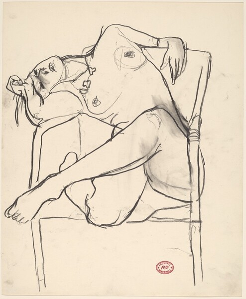 Untitled [seated female nude slouching over chair arm]
