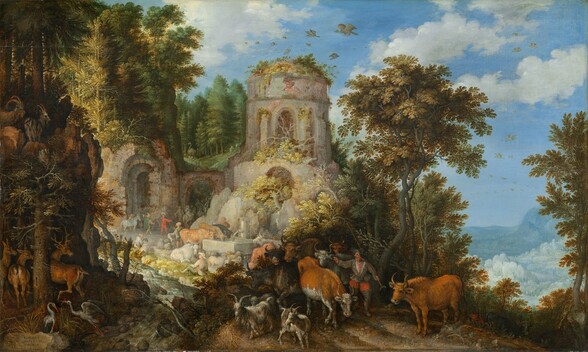 Livestock, woodland animals, and about a dozen people cluster in groups throughout a densely wooded landscape with rocky outcroppings and the ruins of a round structure in this horizontal painting. The people all appear to have light skin. A narrow river curves from near the lower left corner of the composition back around a grove of trees on a spit of land. One white, long-necked bird stands near a rock on the riverbank, and a second bird, shown in flight low over the water, clutches a short snake in its beak. Three deer stand in the deeply shadowed trees, and two goats perch on the rocky cliffs that rise steeply beyond the deer. Across the composition, in the lower right corner, a man wearing a gray jacket and high boots, red pants, and a floppy, wide-brimmed, gray hat stands with a long staff propped on one shoulder. He has ruddy complexion and a bulbous nose. He is surrounded by seven brown, gray, tan, and black cows and three pale gray goats. He and his livestock are backed by a screen of tall, leafy trees. The spaces around the cowherd and the deer to the left are shadowed to create a dark U across the bottom of the landscape, so the sunlit scene beyond is notably lighter in comparison. Just above the center of the composition, plants and trees grow on and among the ruins of the gray, round tower. Two arched openings extending to our left also crumble and are largely taken over with plants. At the base of the tower, water pours from a spigot into a rectangular, presumably stone trough. Three cows drink from the trough while more cows and a herd of about a dozen sheep stand and lie nearby. Several men sit, stand, or kneel near the cows around the trough. Painted loosely with pale gray and tan, several people pass under the archway closest to the tower. One person rides a donkey there. Close by, two elegantly dressed men wearing hats, perhaps turbans, stand and gesture with one arm raised. One man wears a charcoal-gray cloak over a red tunic and pants, and the other wears a forest-green cloak over yellow clothing. Another donkey and at least two smaller animals, perhaps dogs, stand near the men and the second archway, to our left. A grassy hill rises sharply behind the archways to the edge of a dense forest, where the camels, birds, perhaps peacocks, and other men stand. Along the right edge of the painting, beyond the cowherd and cows, the land dips into a wooded valley, painted in tones of pale aquamarine and ice blue. About two dozen birds of varying sizes fly over the tower and valley. White clouds float against the vibrant blue sky. The artist signed and dated the work as if written on the face of the rock near the white birds, “ROELANT SAVERŸ FE 1624.”