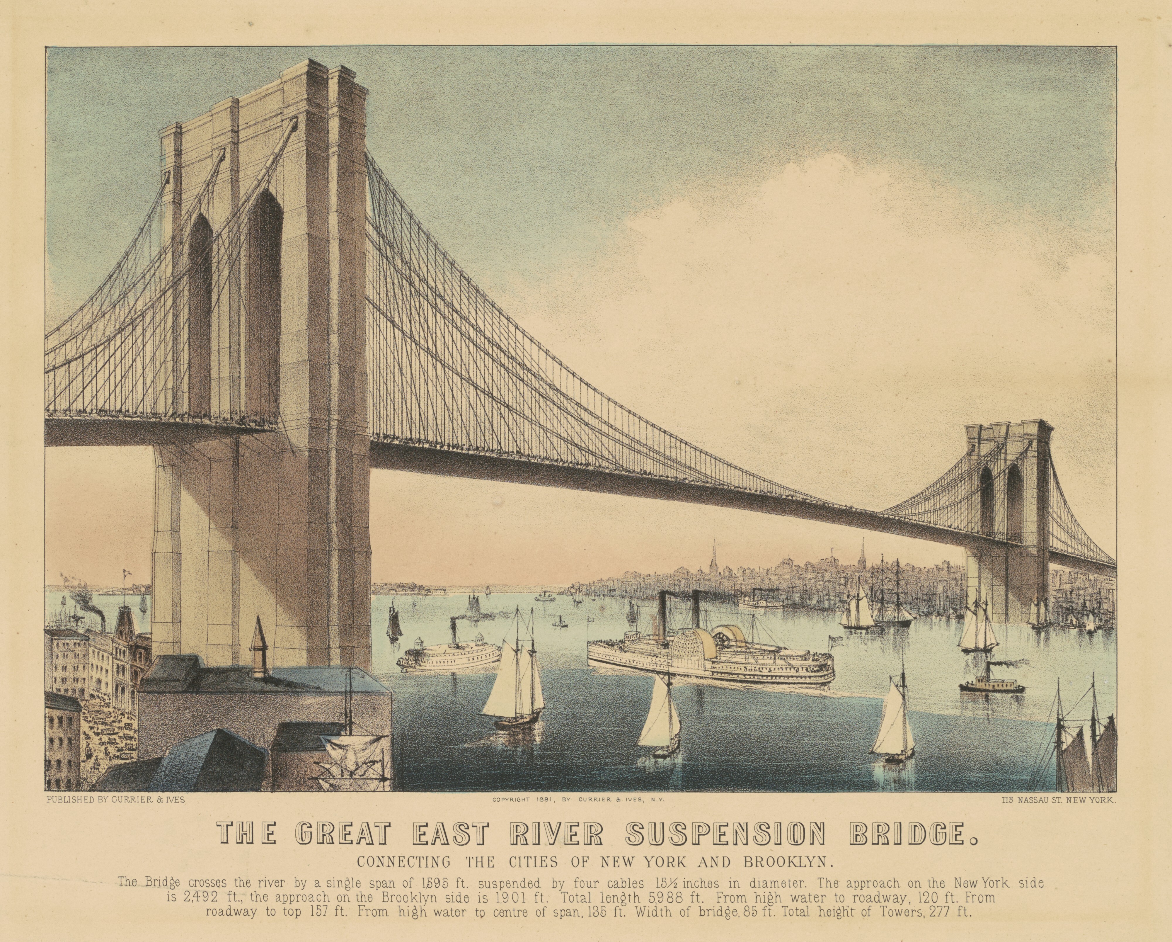 New York Brooklyn Suspension Bridge River Boat Sailboat City Stereoview E332