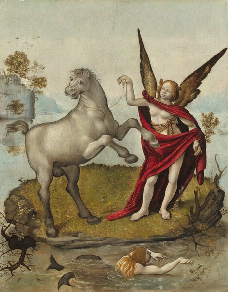 A winged, nearly nude woman with ivory-white skin, partially wrapped in a crimson-red cloak, delicately holds up the reins of a gray horse as it rears toward her in this vertical painting. They stand on a roughly oval-shaped disk of gray rock carpeted with mustard-yellow growth. Stubby brown branches jut out from its sides. To our right, the woman’s body faces us as she looks toward the horse, to our left. The woman’s honey-brown hair is braided and wound into coils over her temples. The rest is pulled back, and tendrils frame her face and fall over her shoulders. A strand of pearls drapes along her hairline between the braids. Her hazel-brown eyes and slightly parted pale lips are set in a round face. Tall wings edged in earth brown and filled with a blend of ivory, caramel brown, and mustard yellow reach up along either side of her head. Her long cloak is knotted on at her right shoulder, on our left, and drapes across her clavicle, over her other shoulder, and down her back. One corner wraps across her hips and mid-section, and drapes over her outstretched left arm, on our right, revealing bare legs. A cream-white and caramel-brown striped sash under the cloak is tied over one shoulder and knotted under her bare breasts. She holds a short, dark brown tree branch covered with spiky leaves in her left hand, our right. The other hand is raised to daintily hold one end of the thin gold string wound around the horse’s neck. The horse balances on its hind legs with its front hooves dangling in mid-air. His body is angled toward the woman, but his head turns back as he faces us with his mouth hanging open. The horse's head and tail seem too small for its large body. Along the bottom edge of the composition, in front of the spit of land, a mermaid with long blond hair and two charcoal-gray tails swims with arms extended in front of her. The water is pale beige closest to us and transitions to a light blue as it recedes into the distance, where it blends into the milky white sky. Birds fly over ghostly, powder-blue headlands studded with caramel-brown trees in the distance to our left. A boat sails in the water in the distance to our right.