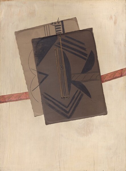 Two rectangular pieces of paper marked with black lines and geometric shapes are stacked against a light wood background in this vertical collage. The top rectangle is dark brown with parallel lines, nested V-shapes, and rounded sections of an abstracted guitar. Brown string nailed to the wood suggests the strings. The other paper is a lighter tan color, and it is offset up and to our left. Lines capture the curved edge of the guitar and the frets on the neck at the top. A peach-colored ribbon decorated with faint, olive-green leaves runs at a slight upward diagonal to the right behind the papers. The panel beneath is light, cream-colored wood with some visible grain.