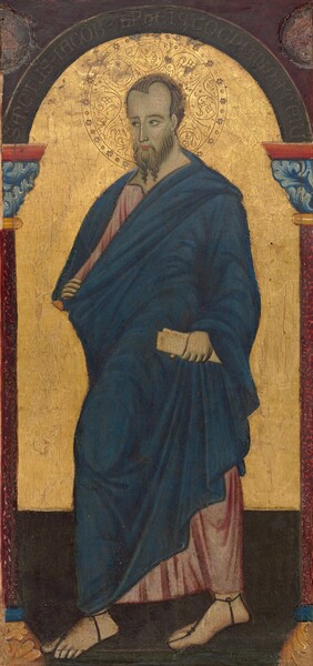 A bearded, light-skinned man striding toward our left and looking in that direction, placed between two columns supporting an arch, all against a shiny gold background, nearly fills this vertical painting. He has a high forehead with short, brown hair, dark eyes under dark brows, a long, straight nose, and his pink lips are closed within his long beard. He wears a marine blue, ankle-length cloak over a long, rose-pink robe. Folds are painted with lines of darker blue and pink. He clenches a parchment-colored scroll in his left hand, on our right, down by his hip and grasps the edge of his cloak with his opposite hand. His head is surrounded by a halo created by incising and punching the gold background behind the man. The shoulder-wide halo is decorated with S-shaped spirals and a ring of simple, delicate flowers around the perimeter. He stands on a dark gray floor that meets the gold background just below knee-level. The columns to either side are cut off by the edges of the panel, and are brick-red with light blue, leafy capitals. The brown arch supported by the columns is inscribed, “SANCTUS JACOB LEPHI Q COGNOMINAT E IU.” The corners above are maroon red, and rough, disk-shaped areas in each corner could indicate losses.