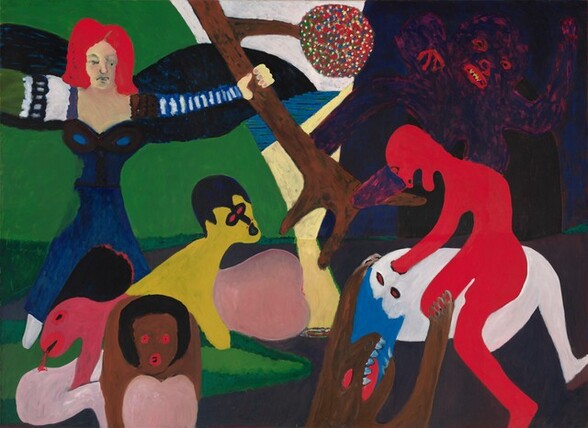 Painted mostly with areas of flat, vibrant color, eight people or animals, or possibly hybrids, span and fill this horizontal, abstracted composition. The people and creatures’ features are simplified and stylized into bold forms. To our left, a winged woman holds out her arms and grips an uprooted tree, which creates a diagonal up the center of the composition. The woman has fire engine-red hair and grayish-green shadows on her pale, peach face. Her royal-blue dress has a low, sweetheart neckline and her breasts are outlined in a thick black line. The tree she holds has three roots and one branch, which holds a round disk covered in colorful dots, like a nonpareil candy. In front of her, a lemon-yellow person overlaps or becomes a pink, lizard-like creature. The yellow being has red eyes and nostrils, a black cap or hair, and black outlines around the eyes and nose. The creature at the back end has wide red lips, a red-rimmed, black eye, the suggestion of black hair, and red, presumably blood, trickling out of its parted mouth. Closer to us and seen from the waist up, a person with red eyes and lips, brown skin, black hair, and a pink bodice stands with arms overhead, as if holding opposite elbows. The eyes and mouth make wide-open Os. On the right half of the picture, a scarlet-red person with its lower jaw drooping open sits on a white form like a ghost, and plunges one hand, wrist-deep, into the ghost-like form’s mouth. The white creature has red eyes, blue hair, and lies on its back. A brown creature with sharp teeth and a red tongue and eyes reaches up from the bottom edge of the canvas. One clawed hand clutches the white figure’s face over the left ear and the other nails or talons snag onto the red creature’s knee. The final creature has red lips, nose, eyes, hands, and yellow teeth, and it lurks in the background above and behind the red and white pair. Resembling an octopus, it has two arms and three legs, and is mottled with violet purple and carnation pink. The areas around and behind all the figures are expanses of grass green, bubblegum pink, butter yellow, blue, dark gray, or white to suggest a landscape.