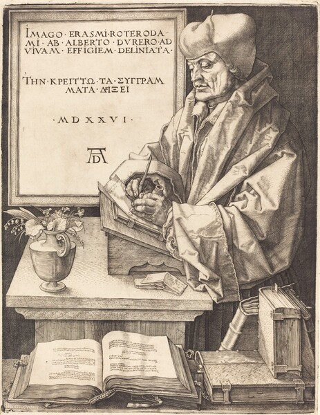 Created with fine black lines printed on cream-white paper, this vertical engraving shows a man facing our left, wearing a cap and voluminous robe as he writes on a sheet of paper. Closest to us and along the bottom edge of the composition, a table or shelf is spread with several books, some upright, some on their sides, and one thick tome laid open. The open book has writing on the pages, but the words are not legible. Beyond the books, the man is shown from the waist up with his body angled to our left. A few curls peek out from the soft, rounded cap that covers his head down to his neck and his forehead, and nearly reaches the top edge of the paper. His face and jowls are deeply lined, and he has deep-set eyes, a long, sloped nose, and his lips are closed. His robe rides high on his shoulders and around his neck, parting at the throat to show a high-collared garment beneath. He gazes down at his hands, which rest on the paper on which he writes. One thick-fingered hand holds the inkwell and the other the pen. The paper and a book underneath it rest on a lectern that angles up toward the writer. The lectern sits on a desk that also holds a short urn with a small bunch of leaves and flowers at the front corner closest to us. Two packets or pieces of folded paper sit next to the lectern.  Densely spaced, fine lines create dark shadows in the deep folds of the man’s garments and on the wall behind him. A panel on the wall behind the man reads “IMAGO ERASMI ROTERODA MI AB ALBERTO DVRERO AD VIVAM EFFIGIEM DELINIATA,” which is followed by a Greek inscription, and then, “MDXXXVI.” The artist signed the work with his monogram, consisting of an upper case D straddled by the legs of a wide, upper case A at the bottom center of the panel.