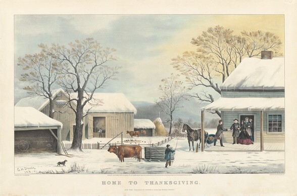 In muted blue, yellow, gray, and white against cream-colored paper, this horizontal print shows animals and pale-skinned people gathered around and among a snow-covered house and barn. To our right, the two-story farmhouse is constructed with horizontal, parchment-brown planks, and the structure is cropped by the right edge of the composition. Two women, two men, and a child gather near the darkened, open door of the farmhouse, which is protected by an overhanging roof. One woman standing in the doorway wears a long, cobalt-blue dress with a white apron and bonnet. On her hip, she holds a small child wearing a black garment and a white bonnet. Two men and the other woman stand near the door, and the two men shake hands. At the center of this trio, an older, cleanshaven man with white hair faces us as he shakes hands with a younger man with a goatee, to our left. The younger man and the woman stand with their backs to us, their bodies angled toward the older man. The men wear long black coats, black pants, and dark hats while the woman here wears a long, cranberry-red dress under a black coat and black hat. The adults all smile faintly. A charcoal-gray horse stands alongside the porch to our left, wearing a ring of sleigh bells like a belt. The horse is hitched to a blue sleigh on runners, which has a brown blanket inside. Closer to us, at the center of the composition, two steers, one brown and one black, stand attached to a sled loaded with gray logs. A man stands alongside the logs, looking back toward the farmhouse with his body angled to our right. He wears a blue coat, brown pants, and a gray hat, and holds a tall, thin, staff or branch upright with his right hand. On the ground close to us, gray footprints and blue ice spread out in the otherwise pristine snow, and a small black dog walks toward the steers, to our left. Along the left half of the composition and farther back, the barn is clad with vertical, oatmeal-brown planks. An open shed is cut off by the left edge of the composition, and it holds what could be a ladder and carriage. Beyond it, there is a fenced in area in front of the barn with two cows,almost a dozen chickens, and a rooster standing in the snow. One door to the barn is open and hay is piled high inside. A man with his back to us holds a long stick, presumably moving the hay. Two tall, dark gray, bare tree trunks grow in the fenced-in area to our left and more grow up behind the house to our right. Another pile of hay, taller than the lean-to next to it, is dusted with snow. A snow-covered field beyond the buildings leads back to misty, gray-blue mountains. The hazy sky above has a pale, butter-yellow glow to our right against the ice-blue sky. The print is signed in the lower corners, with “G.H. Durrie 186” to our left and “Jno Schuller Del.” to our right. The work has text printed in the margin beneath the image. The largest text, at the bottom center, reads, “HOME TO THANKSGIVING.” Smaller text above it, immediately under the image, reads, “Entered according to Act of Congress AD 1867 by Currier & Ives in the Clerks Office of the District Court of the United States for the Southern District of N.Y.” Under the main title, it reads, “NEW YORK PUBLISHED BY CURRIER & IVES, 152 NASSAU STREET.”