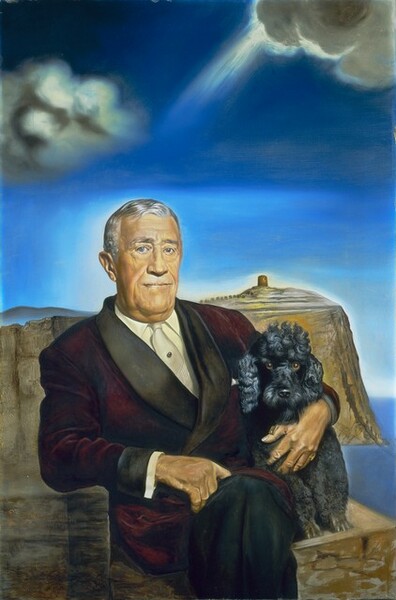 Shown from the knees up, an older man sits next to a black, curly-haired poodle on a rough-hewn, stone chair against a vibrant, indigo-blue sky in this vertical portrait painting. The man’s torso is angled slightly to our right but his left leg crosses over his other knee so his legs angle toward us. He looks at us with silvery-blue eyes under gray brows. He has a wide nose, thin, pink lips set in line, and a square jaw. A pale area above his upper lip could be a closely cropped mustache. Wrinkles surround his eyes and line his cheeks and jawline. He wears black trousers and a maroon-red jacket with wide, black lapels and cuffs over an eggshell-white shirt and tie, which is pinned with a silver ball. His right elbow rests on the arm of the chair so his hand rests in his lap. He wears a gold ring on the pinky finger of his other hand, which wraps around the dog’s body. The dog faces and looks at us with gold-rimmed brown eyes, and the dog’s fur is highlighted with icy blue, suggesting a glossy coat. The man and dog sit on what appears to be a sand-brown rock in the general shape of a chair. Behind the man and far below, along the right edge of the canvas, the landscape plummets down to a bright blue body of water, which surrounds a flat-topped, rocky outcropping that comes up to the shoulder level of the man. A cylindrical structure with one window sits next to a line of trees atop the outcropping in the distance. The sky meets the water at the horizon, about a quarter of the way up the canvas, and deepens from arctic white around the outcropping and man to deep cobalt blue around the two gray clouds near the top corners of the painting. A streak of light angles from the cloud to our right down toward the man’s head. The painting is signed and dated at the front of the chair, under the man’s elbow, near the lower left corner: “Pour Chester Dale et Coco Mon Pape Innocent X de Velasquez Salvador Dalí 1958.”