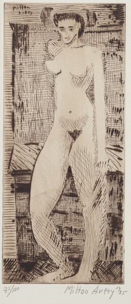 Created with dark brown lines on cream-white paper, a nude young woman standing before a tall piece of furniture takes up most of the height of this vertical drypoint print. The woman is turned slightly to our left so we only see her left arm, on our right. Her feet are together and one knee is bent, creating a gap between her legs. Her dark hair is short or pulled back, and the contours and shadows of her body are indicated with hatching around her breasts, shoulders, abdomen, and legs. Her features are irregular; for example, her long nose is angled to our right, counter to the rest of her features, and her right breast, on our left, points upward. Her large thighs seem out of proportion to her body. The piece of furniture behind her is a tall, shallow, closed secretary desk with the writing surface folded up. The desk and floor below are created with denser lines and crosshatching. Two finials at the top of the desk are roughly half-moon shapes, and they frame her head. The back wall is suggested by loosely spaced, horizontal, parallel lines. The artist incised his name in the upper left of the printed area, “Milton Avery.” Below the printed area, on the paper, he numbered the print “25/100” in the lower left and signed and dated the work in graphite in the lower right, “Milton Avery 1935.”